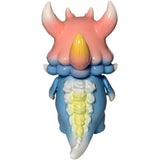 The Little Hut’s Rangeas Jr. - Light Blue/Pink is an adorable pastel vinyl dragon figure with pink horns, yellow snout, blue body, and white-yellow accents—shown from the back, it’s a must-have collectible for any toy collection.