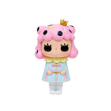 Introducing “Cotton Candy” by How2Work—a charming doll figure with pink hair adorned with black polka dots and decorative details, topped by a yellow crown. Dressed in a blue outfit, this delightful character features large black eyes, pale skin, and stands upright on a white background. Inspired by the whimsical designs of Jessica Ng, Cotton Candy is perfect for any collection.