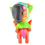 The tokidoki Hawaiian Ohana - Kailani & Anuenue (Special Edition) features a dark-haired figure in a green skirt riding an orange animal, with a blue-green and yellow companion in front. Collect this unique tokidoki collectible!.