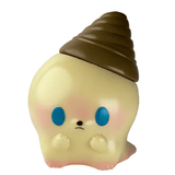 Kaiju Icey - Original Vanilla by Seri Norica is a small yellow collectible figurine with blue eyes, pink cheeks, and a brown swirl-shaped hat that looks like an ice cream cone.