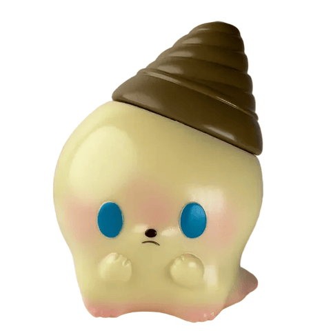 Kaiju Icey - Original Vanilla by Seri Norica is a small yellow collectible figurine with blue eyes, pink cheeks, and a brown swirl-shaped hat that looks like an ice cream cone.