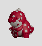 A red and white cartoon dinosaur with spots, an underbite, and an unimpressed look sits on its hind legs against a gray background—a Kaiju from the Kaiju Cookies Blind Box by Kaleidos Creative.