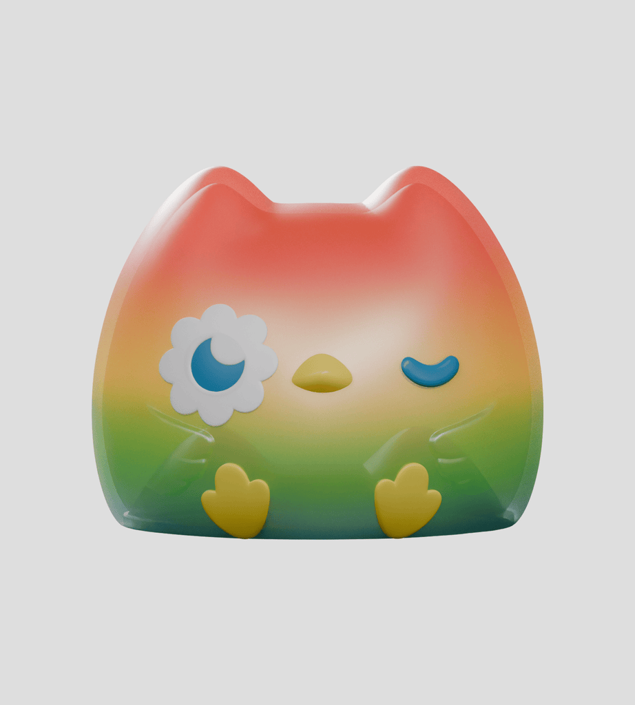 Kairos the Owl Blind Box by Kaleidos Creative is a round, cat-shaped toy with a red-yellow-green gradient body, yellow feet, daisy-shaped eye, and closed blue eye—an adorable addition to any blind box collection.