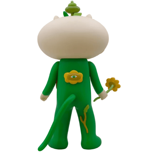 Meow Book - OG by The Little Hut is a green cartoon collectible with a large round head, tail, an all-seeing eye flower design on its back, and holds a yellow flower.
