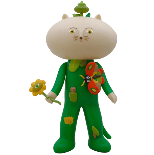 Meow Book - OG by The Little Hut is a quirky collectible cat man figure with a big head, green leaf suit, butterfly accent, and an all-seeing flower—perfect for unique display shelves.