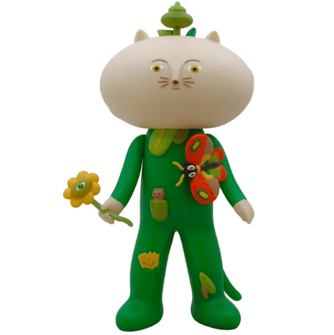 Meow Book - OG by The Little Hut is a quirky collectible cat man figure with a big head, green leaf suit, butterfly accent, and an all-seeing flower—perfect for unique display shelves.