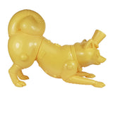 The Mugi Teaworthy - Custard Cream by Lowbrowee Toys is a yellow, segmented MECHA DOG with rivet details and a Victorian-style top hat, posed playfully stretching on a white background.