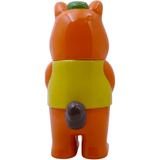 The Mamechan - #1 plastic bear figurine by Paradise Toy wears a green hat, yellow vest, and has a gray tail. Facing away on a white background, this adorable collectible is perfect for fans of cute travel-themed toys.