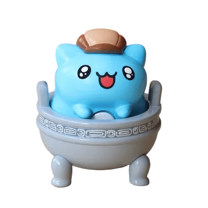 The Bugcat Capoo — National Palace Museum Adventure Blind Box by Partner Toys features a blue Capoo figurine with a brown hat sitting in a gray, Greek key-patterned bowl—perfect for blind box and collectible lovers.