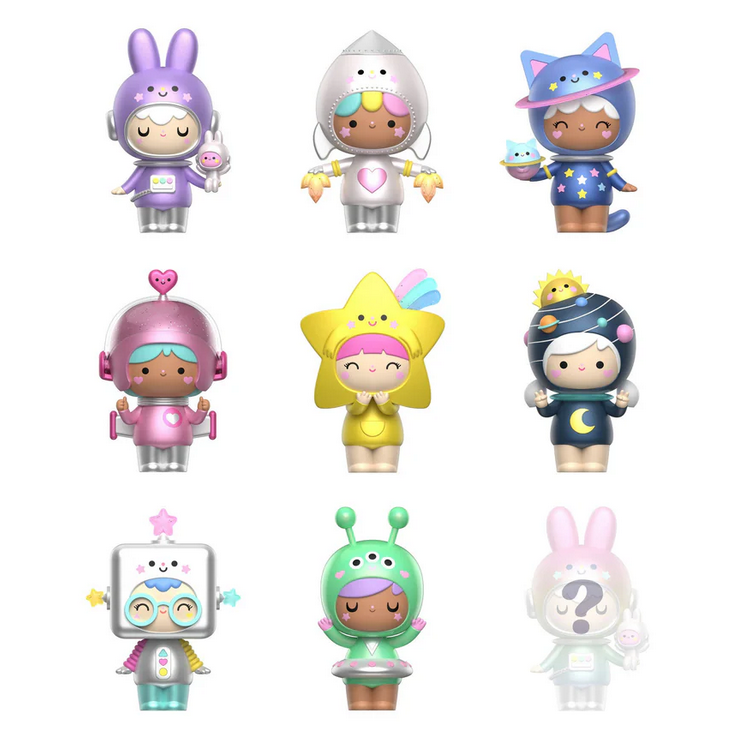 Momiji Out of This World Message Dolls Blind Box by Momiji features nine collectible dolls in animal, astronaut, star, and alien costumes, arranged in a 3x3 grid on white for cosmic charm.