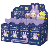 The Momiji Out of This World Message Dolls Blind Box by Momiji features space-themed collectible dolls in purple and blue packaging, each with stars, planets, and intergalactic charm.