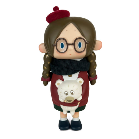 Luna — Winter by How2Work: a toy figure of a girl with brown hair, glasses, red beret, black scarf, and red coat, holding a white bear plush.