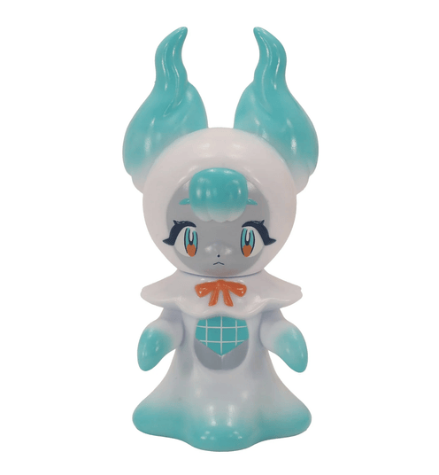 Tomyo by Fewmany is a stylized ghost girl with teal horns, a white and teal body, an orange bow, and a sad expression—perfect for adding character to your home decor or haunted house.