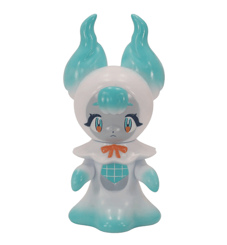 Tomyo by Fewmany is a stylized ghost girl with teal horns, a white and teal body, an orange bow, and a sad expression—perfect for adding character to your home decor or haunted house.