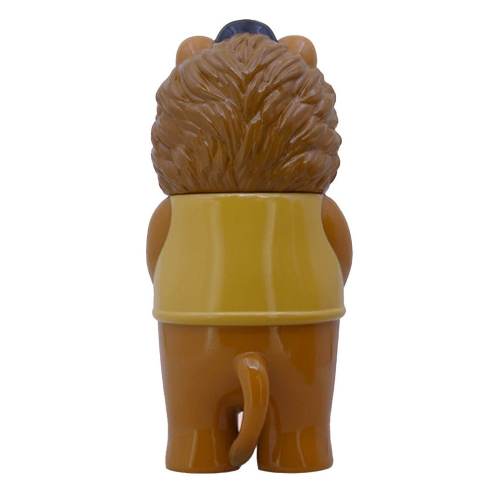 A plastic Morichan- Milktea figurine by Paradise Toy, depicting a lion standing upright from the back, dressed in a yellow shirt and black hat, inspired by the aaaStudio milktea colorway.