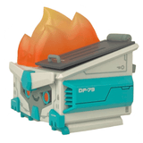 The 100% Soft Mecha Dumpster Fire DF-79 is a stylized, futuristic collectible with teal accents, orange flames, 