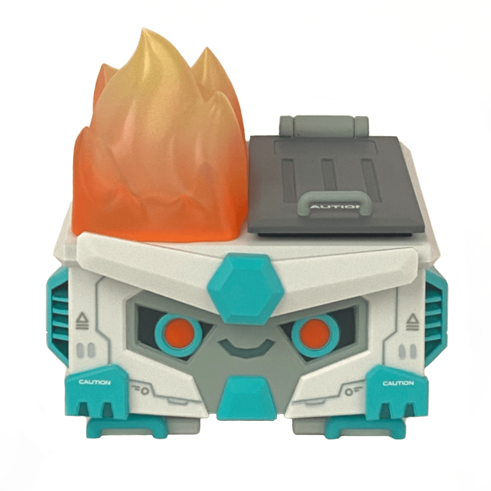 The Mecha Dumpster Fire DF-79 by 100% Soft is a toy robot box with orange flames, blue-gray details, and a 