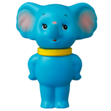 Medicom's VAG 43 — ZOU is a blue cartoon elephant figurine with a yellow collar, pink inner ears, and a smiling face, standing upright against white—its design draws inspiration from Japanese vinyl toys and gachapon figures.