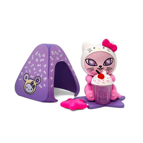 The Sugar Whiskers — Tokidoki Galactic Cats x Hello Kitty & Friends Special Edition by tokidoki features a collectible cat figure with a pink bow, plus Hello Kitty-themed tent, frosted drink, and biscuit accessories.