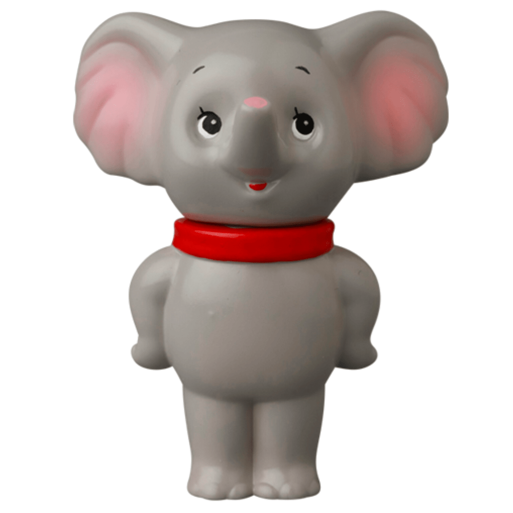 VAG 43 — ZOU by Medicom is a gray cartoon elephant vinyl figure with large pink ears, red collar, and a cheerful smile, standing upright—a charming Japanese toy reminiscent of Vinyl Artist Gacha gachapon figures.