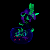 The tokidoki Neon Reef Mermicorno - Deep Star Coral Special Edition features glow-in-the-dark neon green and purple patterns inside a translucent bowl, shining brightly under blacklight against a dark backdrop.
