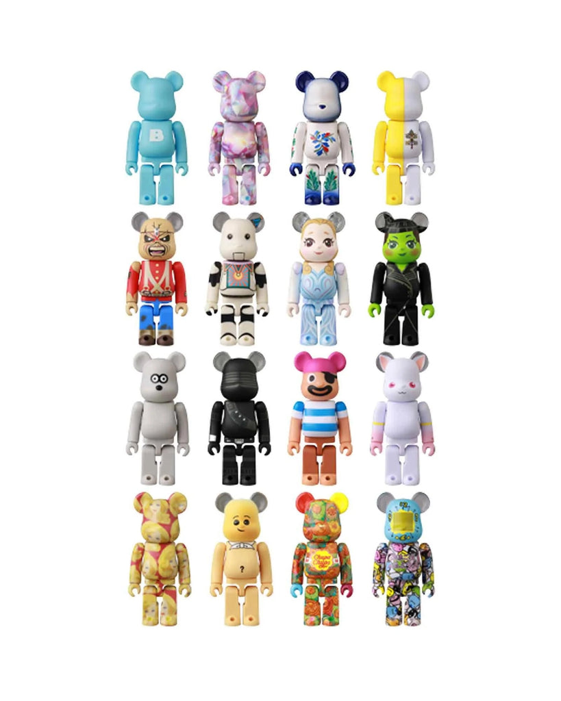 Sixteen Medicom Be@rbrick Series 51 Blind Box collectible figures, each with unique colors and patterns, are arranged in four rows on a white background—ideal for Bearbricks blind box fans.