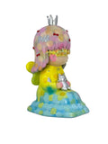 The Biwaco Chan figurine by How2Work is a colorful piece inspired by Japanese ceramic art, featuring a crowned girl with pastel pink hair and a blue polka-dot dress holding a small silver cat, all set against a white background.