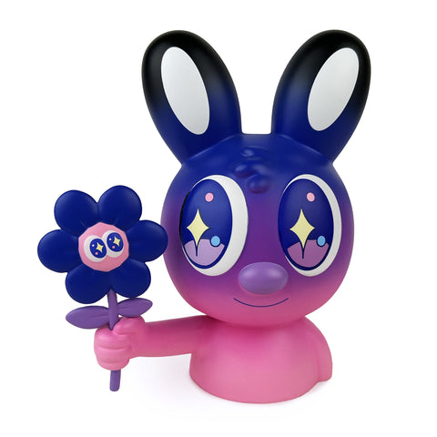 Blake Jones' Flower Picker — Twilight by UVD Toys is a pink and purple bunny figurine with starry eyes, holding a blue flower with a face in its right hand, brimming with whimsical charm.