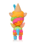 Meet the tokidoki Ice Cream Shop Unicorno - Neon Melty (Special Edition), a vibrant toy figure featuring an animal with an ice cream cone on its head, wings, and a multicolored tail, shown from the back.
