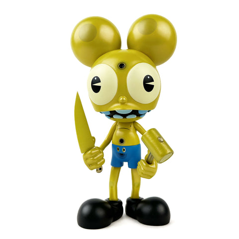 Dalek Space Monkey — Gold Rotofugi Exclusive by UVD Toys: A yellow cartoon figure with large round ears, blue shorts, and black shoes holding a yellow knife and mallet. Playful collectible vinyl toy.