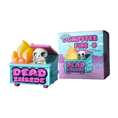 The Dead Inside Dumpster Fire Vinyl Figure by 100% Soft features a flaming dumpster with a skull and "Dead Inside" text, packaged in a box reading "Dumpster Fire Dead Inside.