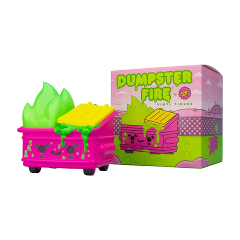 The 100% Soft Dumpster Fire - Toxic Waste Vinyl Figure, Chemical Pink Edition, features green glow-in-the-dark flames and slime with a smiling face, and comes in vibrant packaging labeled "Dumpster Fire.