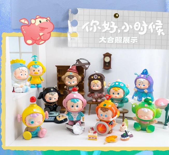 Twelve adorable DiuDiu Baby figures from Hidden Wooo's Hi Another Me Blind Box are showcased in a cute, miniature room with playful decor and Chinese text at the top, capturing a whimsical baby world.