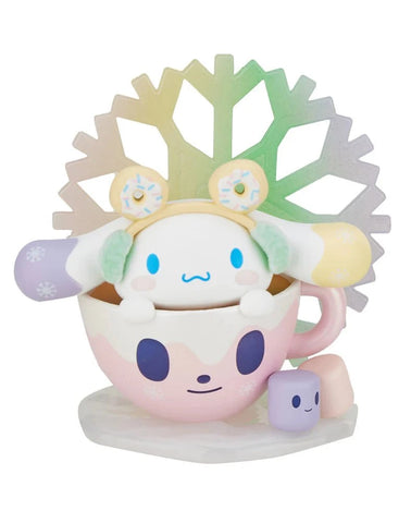 The tokidoki x Hello Kitty and Friends Winter Dreams - Cinnamoroll (Special Edition) features pastel Cinnamoroll with donut ears in a pink teacup, snowflake backdrop, and marshmallows—by tokidoki.