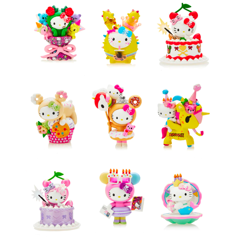 Nine vibrant Tokidoki x Hello Kitty 50th Birthday Blind Box figurines by tokidoki, each in a unique costume, are displayed in three rows against a white background.