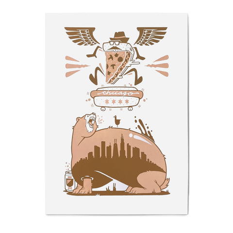 Abe Froman Sausage King Screen Print by Jeremy Fish for Rotofugi features a winged slice of pizza with sunglasses and a hat flying over a bear with the Chicago skyline on its back and a drink beside it, inspired by playful Chicago art.