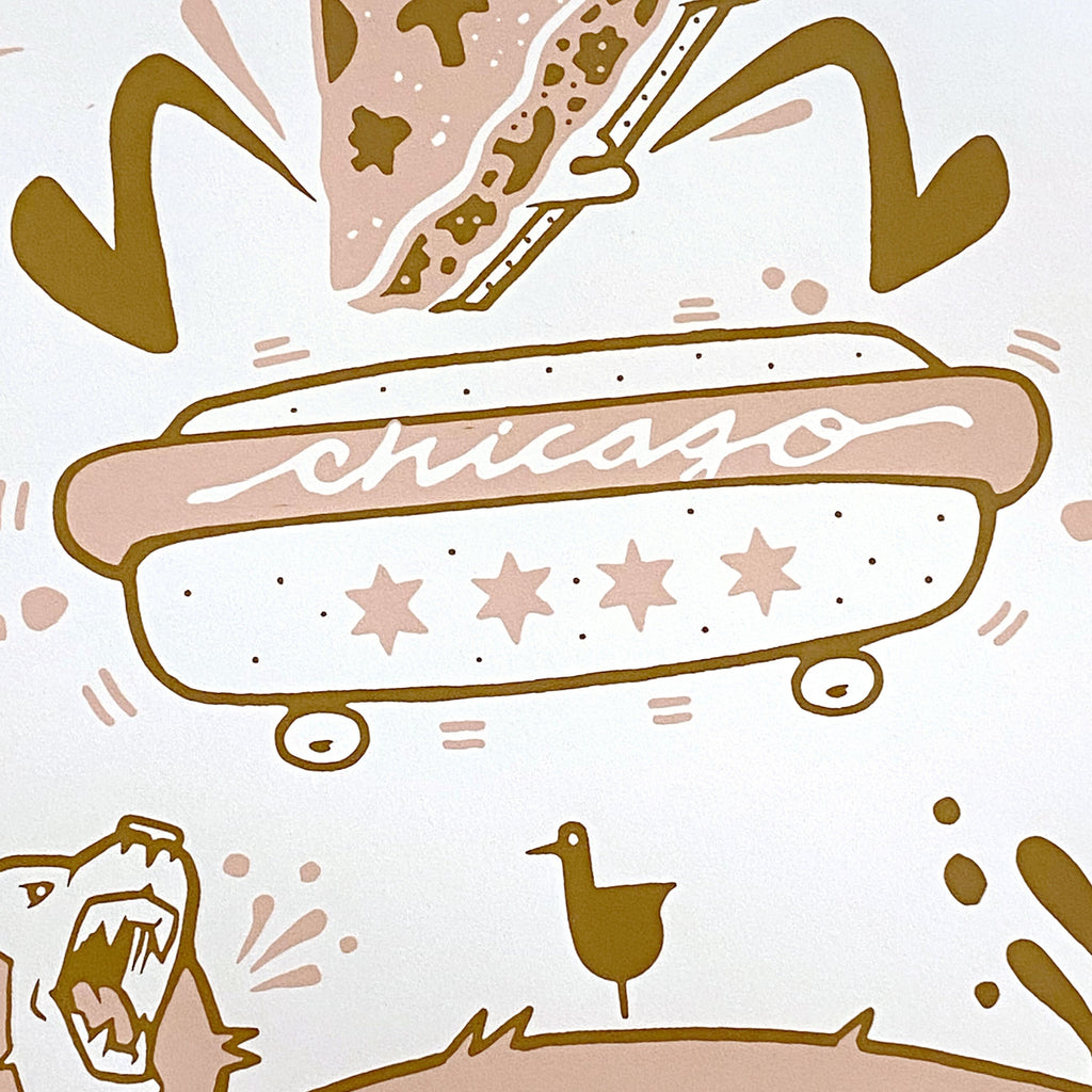 Cartoon-style print featuring a hot dog bun with 