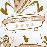 Cartoon-style print featuring a hot dog bun with 