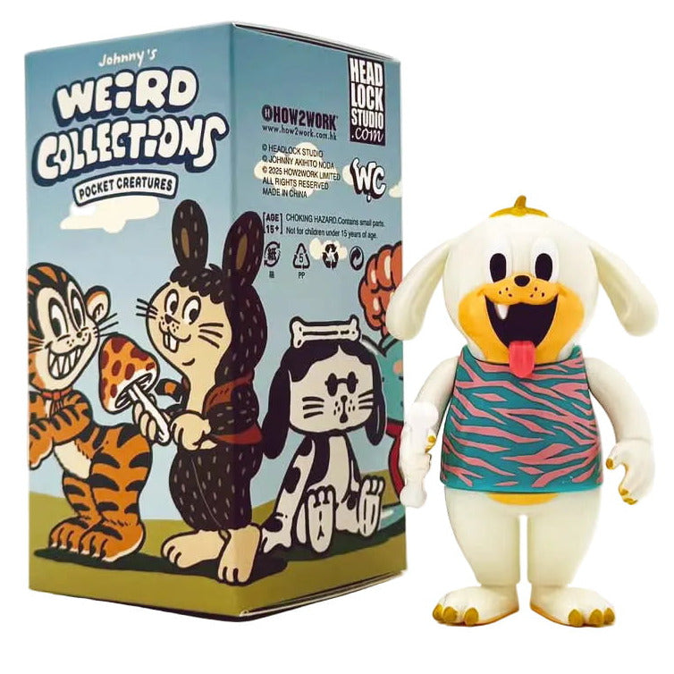 A vinyl dog figure in a patterned shirt stands by a colorful 