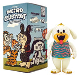 A vinyl dog figure in a patterned shirt stands by a colorful 