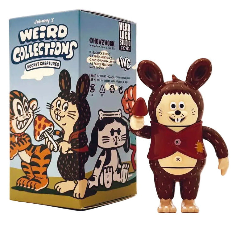 A brown animal-themed toy figure stands beside a colorful box labeled 