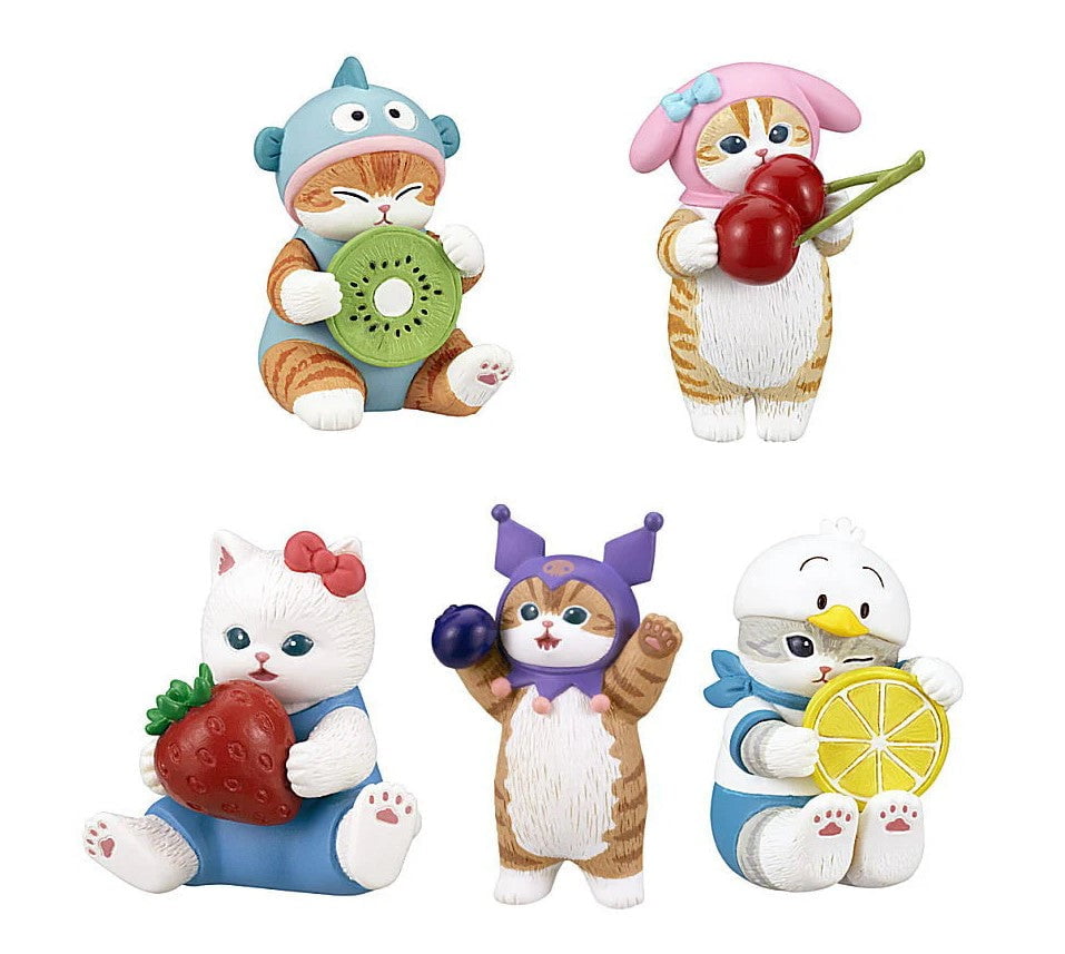 Five Kitan Club Mofusand x Sanrio Series 2 Capsule figurines, each dressed in colorful costumes and holding fruit, are arranged in two rows against a plain white background.