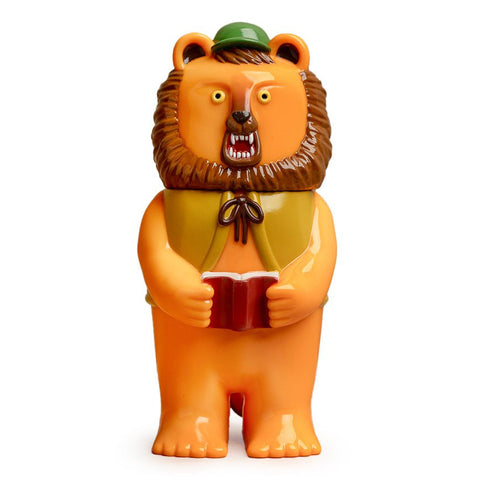 Morichan — 1st Version by Paradise Toy is a plastic bear figurine with a brown mane, green hat, and yellow vest, standing upright and holding an open red book.
