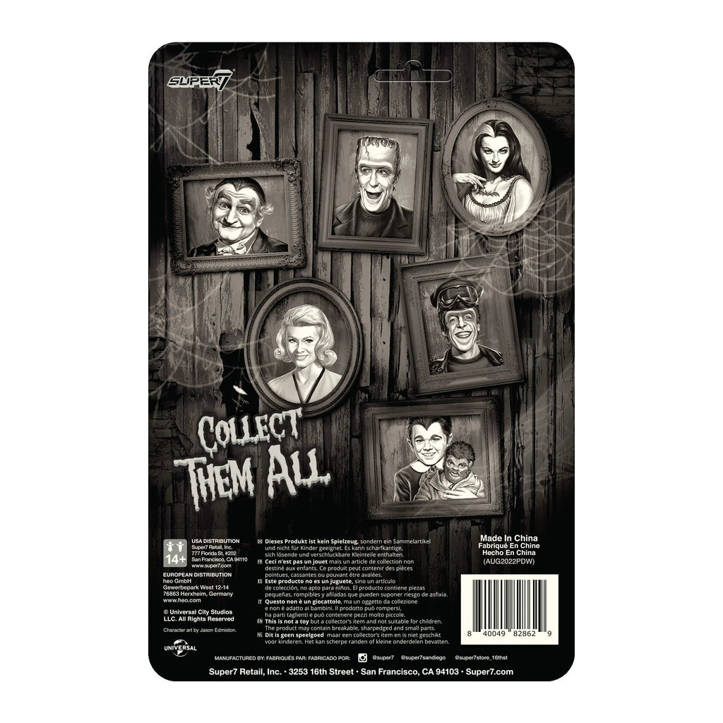 Black and white illustration of six framed portraits, including Marilyn Munster, on a cobwebbed wall. Features The Munsters ReAction - Marilyn figure by Super 7, with 