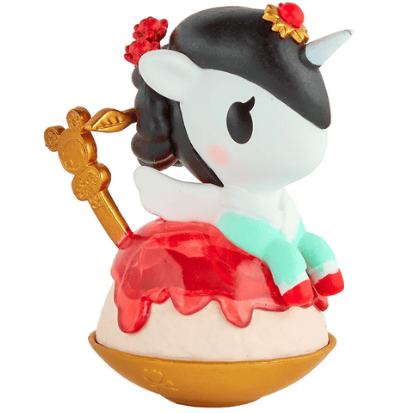 Bring home a delightful collectible from the tokidoki Shaved Ice Dreams Unicorno Blind Box series—a charming toy unicorn figurine featuring black hair, a silver horn, wings, and red flower accents, perched on a red and gold decorated base. It’s a perfect addition to any collection or display.