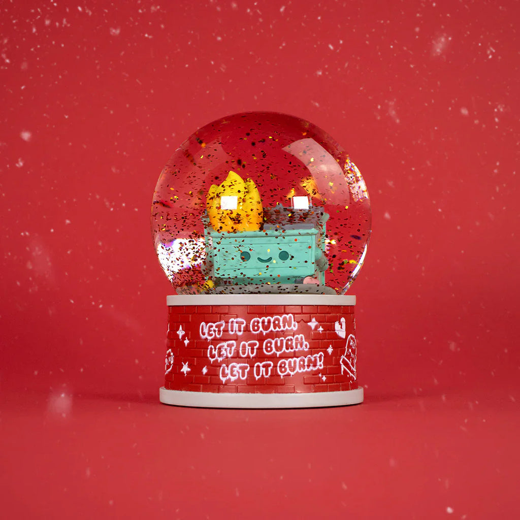 The 100% Soft Dumpster Fire Snow Globe features a cartoon flame in a box, swirling red glitter, and “LET IT BURN” on the base—making it unique quirky decor or a bold holiday gift.