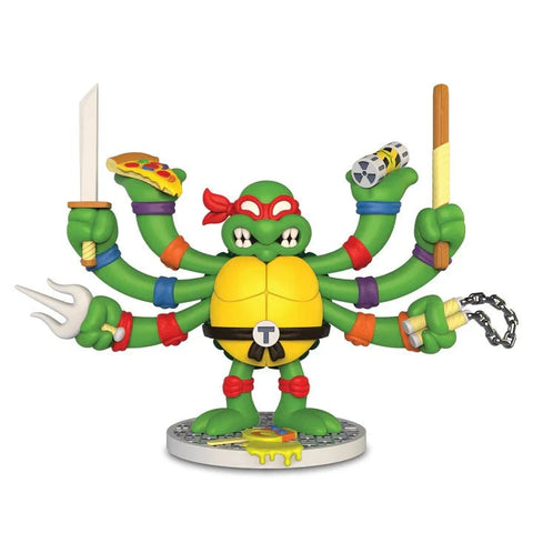 The Kidrobot Teenage Mutant Ninja Turtles TMNT GURU Resin Figure by CHOGRIN features a six-armed TMNT on a base, wielding ninja weapons and pizza, with a red mask plus each turtle’s colored wristbands.