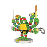 Kidrobot's Teenage Mutant Ninja Turtles TMNT GURU Resin Figure by CHOGRIN features a six-armed TMNT holding weapons, pizza, and a can, standing on a circular base with a sewer cover design.