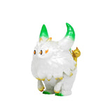 The Little Hut’s Rangeas Rex Jr. — White & Gold collectible toy features a white, furry creature with green-tipped horns and a small brown animal on its back, displayed against a plain white background.