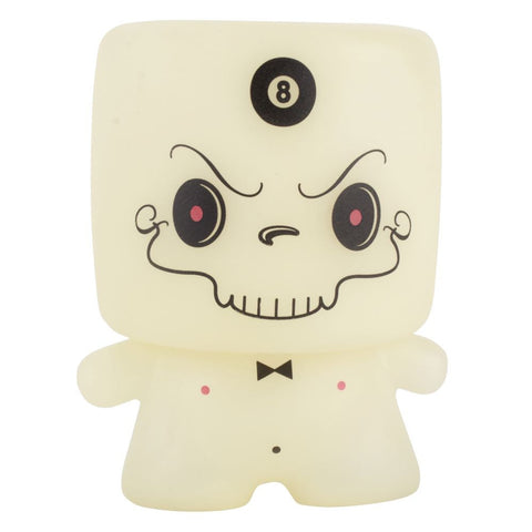 Grim Marshall by 64 Colors (Squibbles Ink + Rotofugi) is a limited edition figure featuring a square skull-like head, black bow tie, number 8 on its forehead, and glowing pink dots on its chest—like a marshmallow.